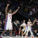 Le soulagement de Jalen Duren (0) et des Pistons au buzzer. KEYSTONE/AP/Carlos Osorio